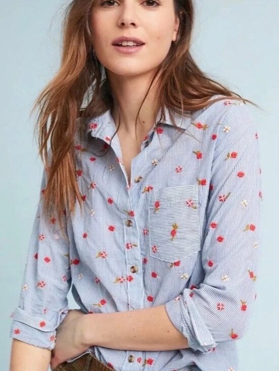 Anthropologie Tops - ANTHROPOLOGIE | Maeve blue white striped button-up shirt w/ embroidered flowers